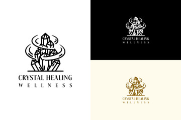 vector illustration of stacked tower of polished crystals, logo for crystal healing wellness, health, fitness, wellness, meditation, energy healing, spiritual, natural, and more