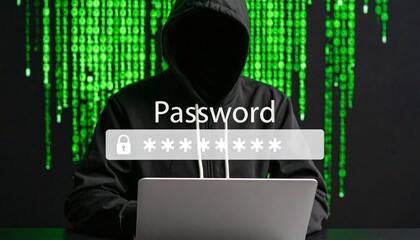 Hacker in silhouette targeting encrypted password data on a digital screen.