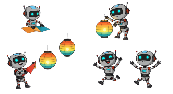 Cute cartoon robot characters set interacting with colorful Chinese paper lanterns vector isolated