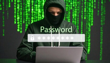 Hacker in silhouette targeting encrypted password data on a digital screen.