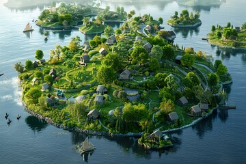 A stunning bird’s-eye view of an island showcasing its complex geography and interwoven human activities, from agriculture to urban development