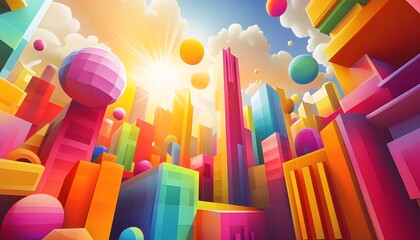Colorful, geometric city scape with floating spheres.