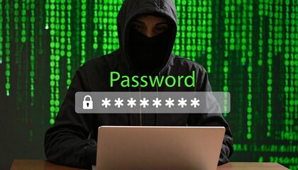 Hacker in silhouette targeting encrypted password data on a digital screen.