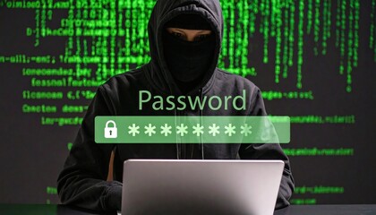 Hacker in silhouette targeting encrypted password data on a digital screen.