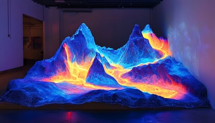 Colorful, digital mountain range with flowing lava.