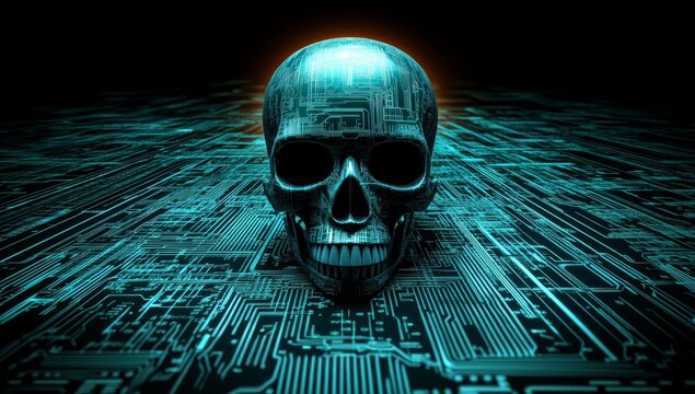 On a gray background, a green and orange metal helmet from a sci-fi universe is displayed with a human skull floating above a modern, futuristic podium, symbolizing the spoils of victory, winning,