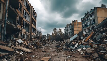 Ruined apartment buildings stand amidst debris in a devastated city.