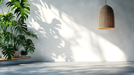 Obraz premium Minimalist interior design with monstera plants and natural shadows casting on white wall