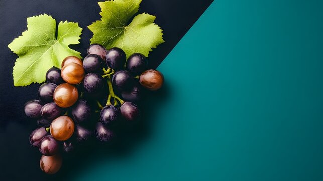 Juicy Red and Purple Grapes with Green Leaves on Teal Background