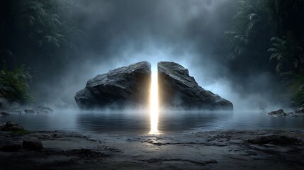 A dark aquatic scene with brilliant neon beams breaking through the surface, surrounded by smoke, fog, and a haunting white glow beneath.