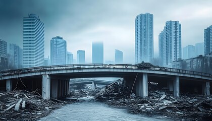 Ruined city skyline after a disaster.