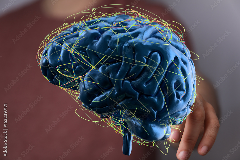 Aufkleber 3D render of human brain with complex neural network connections.  Ideal for AI, technology, and neuroscience concepts.