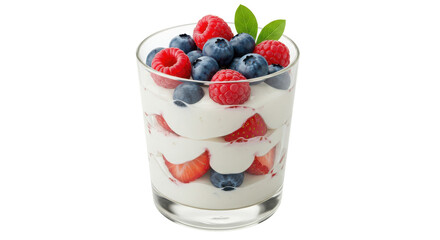 Layered parfait with yogurt, strawberries, blueberries and raspberries isolated PNG with Transparent Background