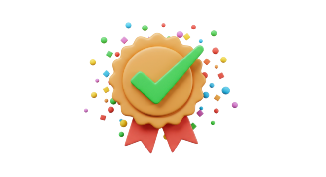 High quality 3D render success award ribbon badge with green checkmark and colorful confetti isolated on white.