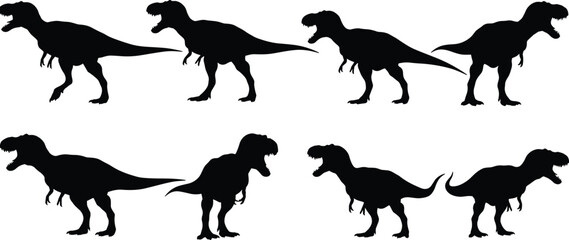 Collection of Tyrannosaurus Rex silhouettes, aggressive prehistoric predator icon set, black vector dinosaur figures for print, design, and educational use
