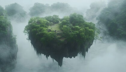 Floating islands shrouded in mist.