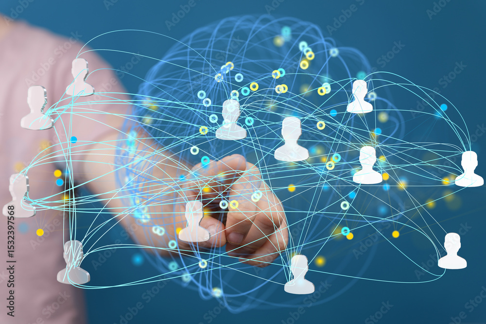 Aufkleber hand interacting with a digital network of interconnected profiles. represents global communication,