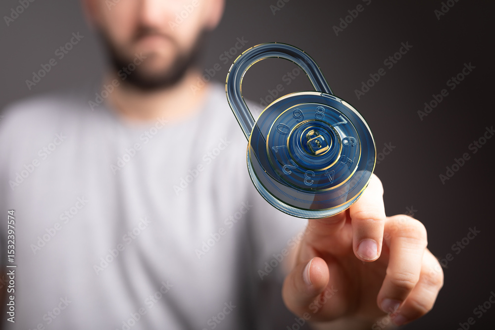 Aufkleber Secure your data.  Image of a man interacting with a digital padlock, symbolizing online security and data protection.