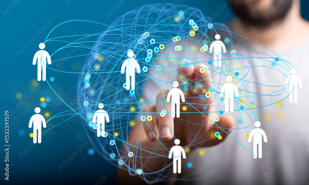 Poster image depicts a digital network of interconnected people, symbolizing global communication and colla