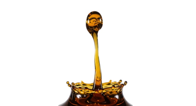 Brown liquid splash creating a detailed crown and vertical pillar on white background