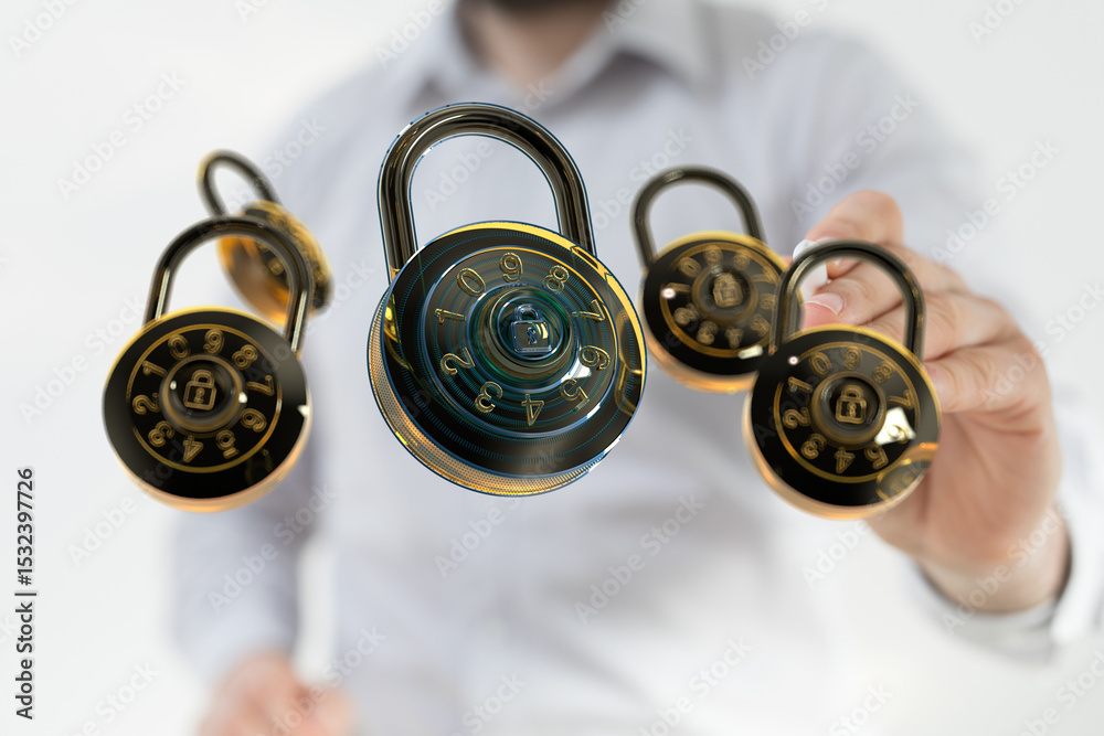 Poster Image of multiple combination locks representing data security and protection.