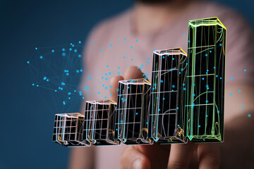 Visualizing data growth, increasing profits, business success, and market trends.  Stock photo.