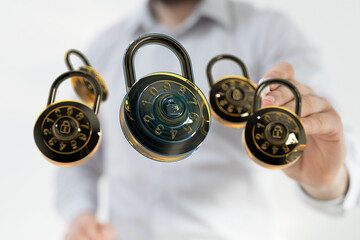 Image of multiple combination locks representing data security and protection.