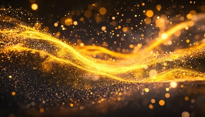 Golden shimmering particles create flowing, abstract waves.