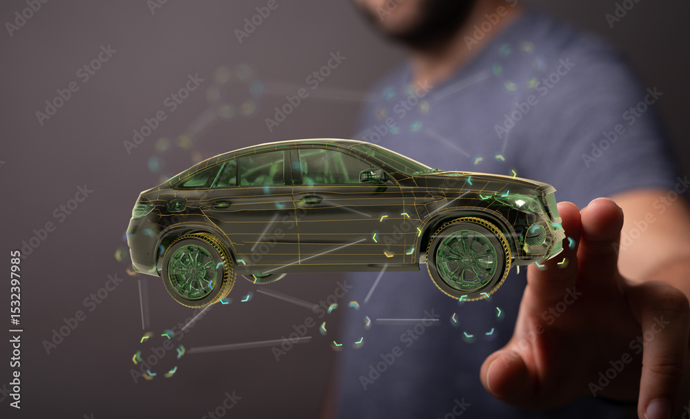 Poster futuristic car design concept. digital network visualization. smart vehicle technology.