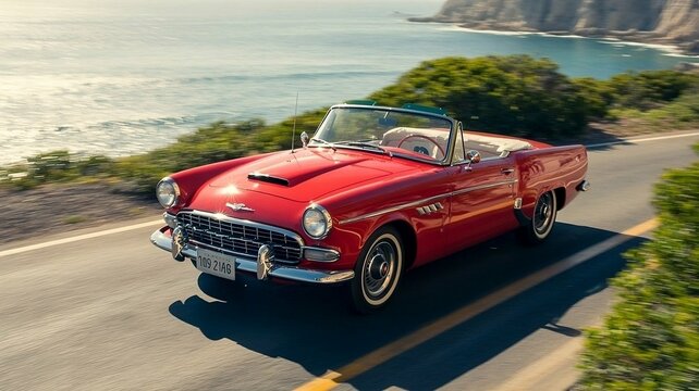 Fototapeta Red Classic Convertible Driving Along Scenic Seaside Road Under Bright Sunlight