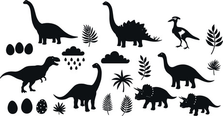 Dinosaur vector silhouettes with eggs, tropical leaves, clouds, rain, and prehistoric reptiles for kids, clipart, education, design, and decoration