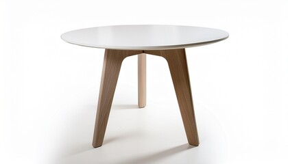 scandinavian style round side table with white top and elegantly tapered legs on white background coffee table cut out front view