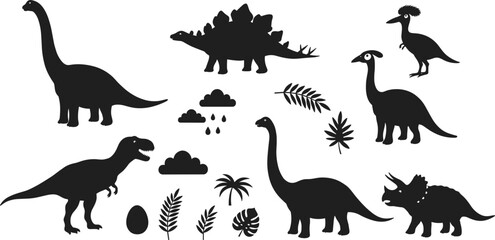 Dinosaur vector silhouettes with eggs, leaves, clouds, rain drops, cartoon reptiles, perfect for kids design, education, decoration, clipart bundle