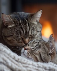 Two Cozy Cats Bonding Together by the Fireplace, Sharing a Warm and Peaceful Moment of Comfort