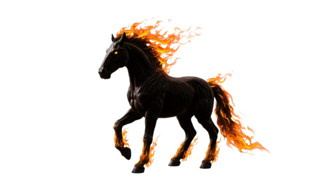 Fiery black horse with burning mane and tail isolated PNG with Transparent Background