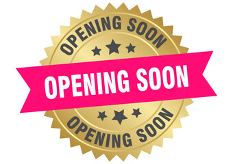 opening soon. opening soon round pink and gold label isolated on transparent background