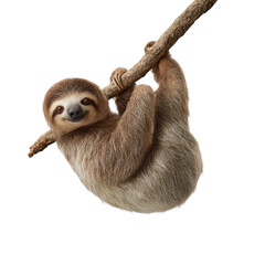 A cute sloth hanging upside down from a branch with a black background looking at the camera smiling