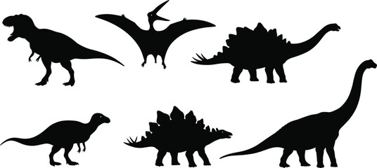 Silhouettes of dinosaurs including T-Rex, Stegosaurus, Brachiosaurus, Pterodactyl, and herbivores for prehistoric, paleo art, and science design © Legend Monir