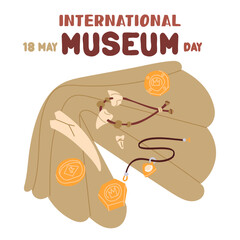 International Museum Day on May 18. Leather tusk, coins, pendant, necklace. Flat color illustration for use in posters, articles, and social media related to science and history. banner