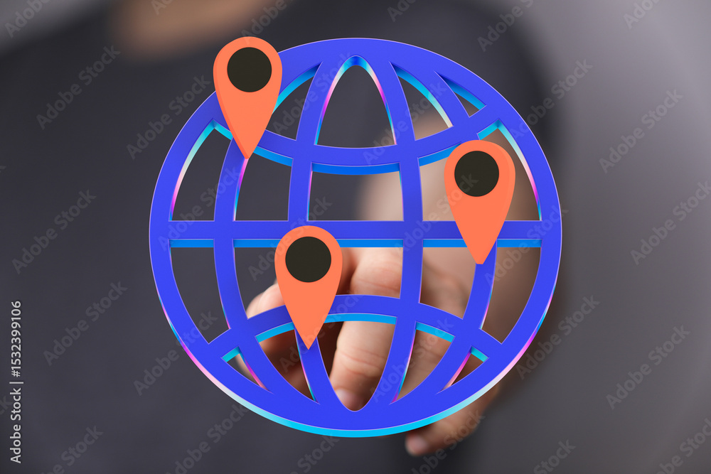 Poster illustrative image showing global reach and multiple locations on a world map.