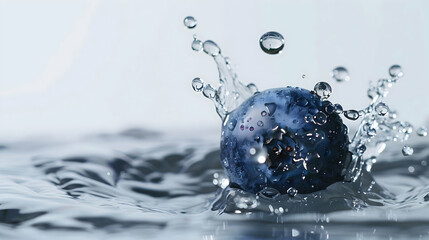 A blueberry suspended mid-splash with clinging droplets under studio light on white backdrop highlighting vivid textures and minimalistic beauty clearly