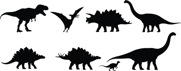 Silhouettes of various dinosaurs including T-Rex, Stegosaurus, Brachiosaurus, Triceratops, and Pterodactyl for prehistoric, Jurassic design and education © Legend Monir