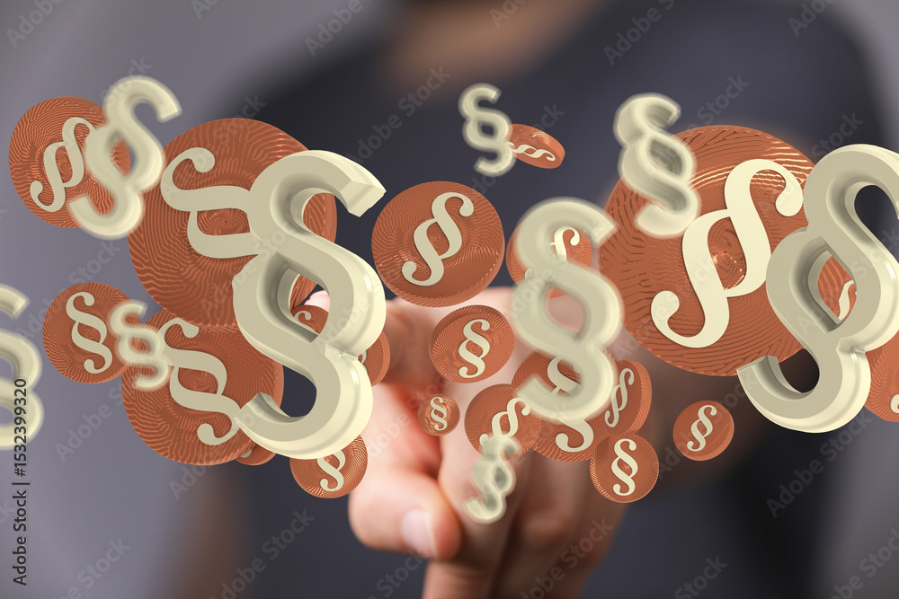 Poster abstract image of paragraph symbols hovering around a hand, representing legal concepts and digital 