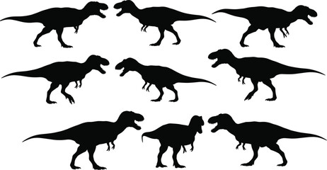 Tyrannosaurus Rex dinosaur silhouettes in various poses, ideal for prehistoric, Jurassic era designs, educational materials, and fossil-themed artwork