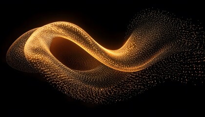 Abstract swirling golden particles on a black background.
