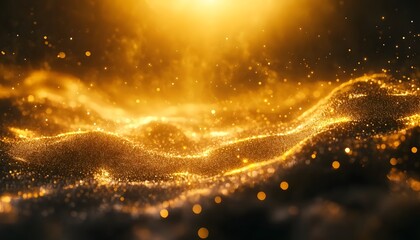 Golden particles create abstract wavy surface.
