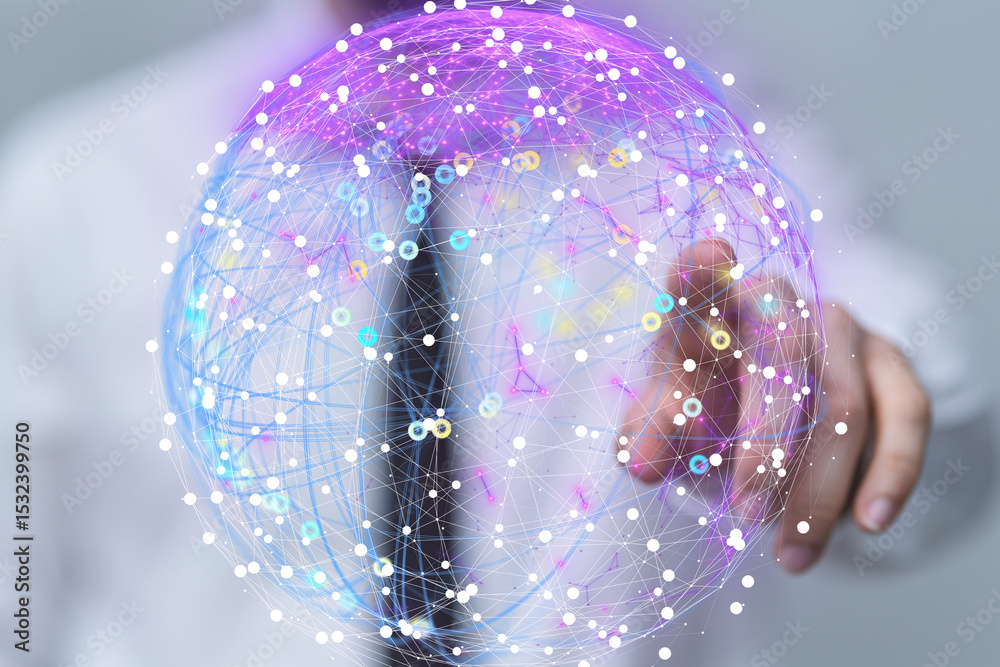 Poster abstract image of a person interacting with a glowing network sphere. ideal for technology, business