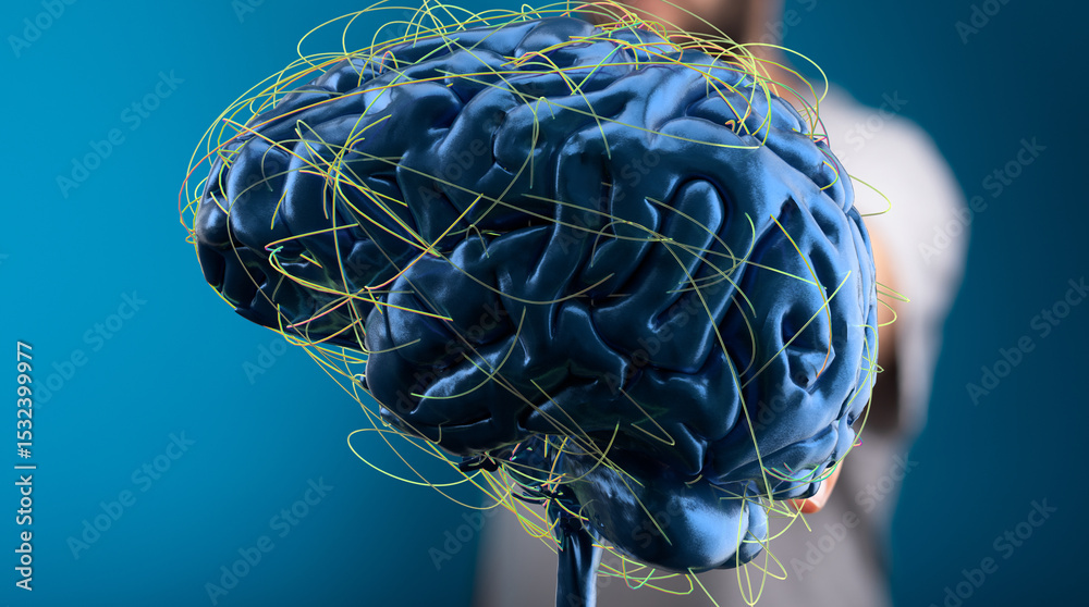 Poster 3d rendering of human brain with neural network connections. medical, science, technology concept.