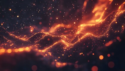 Abstract fiery landscape with glowing particles.