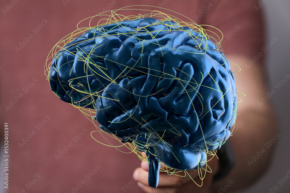 Aufkleber 3D rendering of a human brain with glowing neural connections.  Perfect for AI, neuroscience, and technology concepts.
